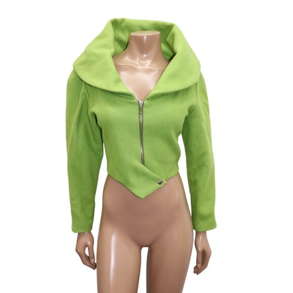 Vintage 80s SANTANA Lime Green Crop Jacket Oversized Collar Zip Front M - Picture 1 of 9